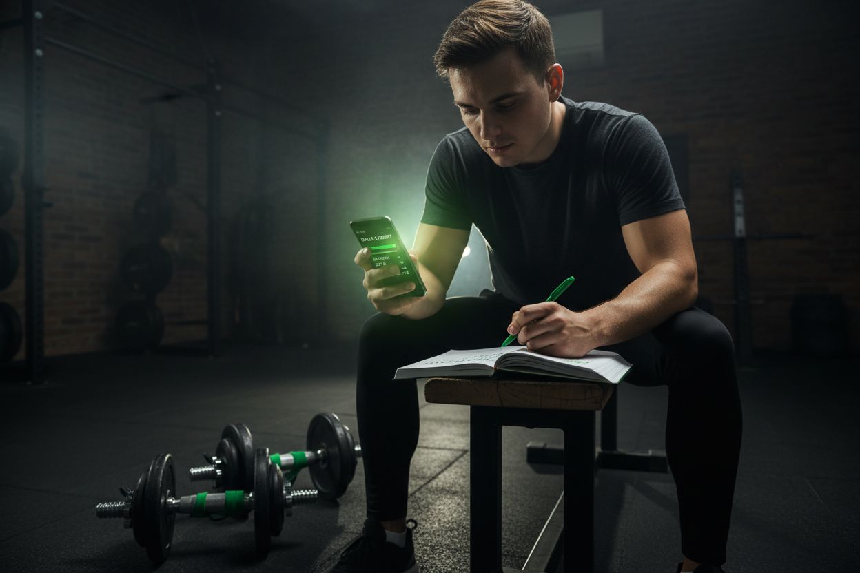 Beginner logging a workout on a phone in a home gym