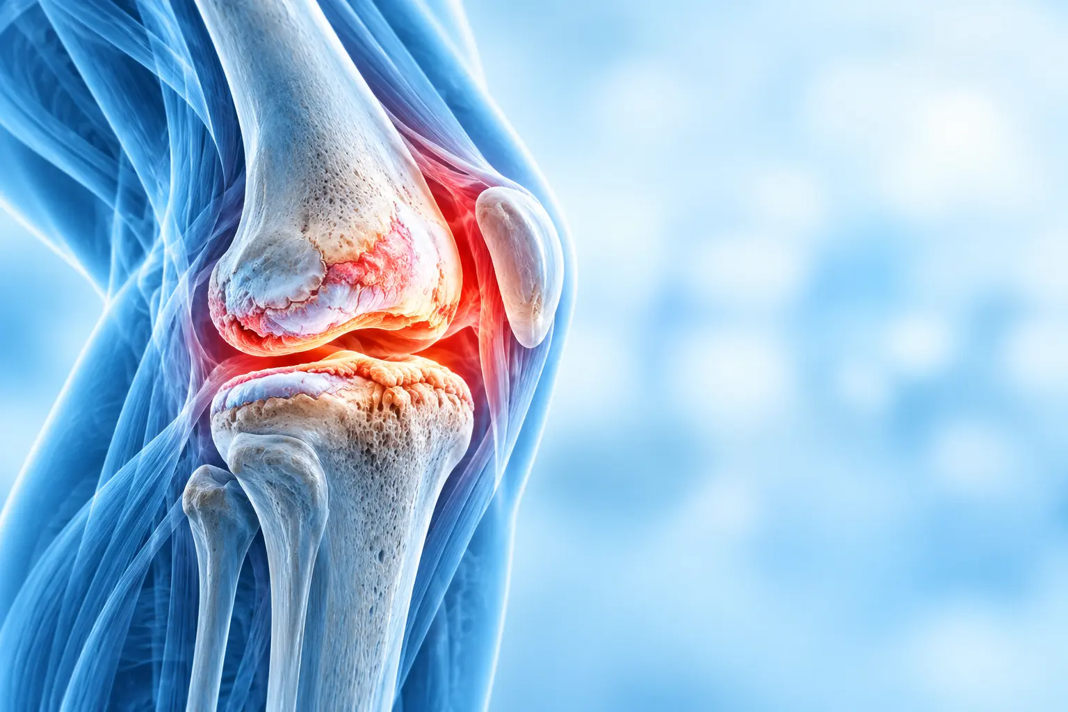 Arthritis affecting the knee joint with inflammation and cartilage damage