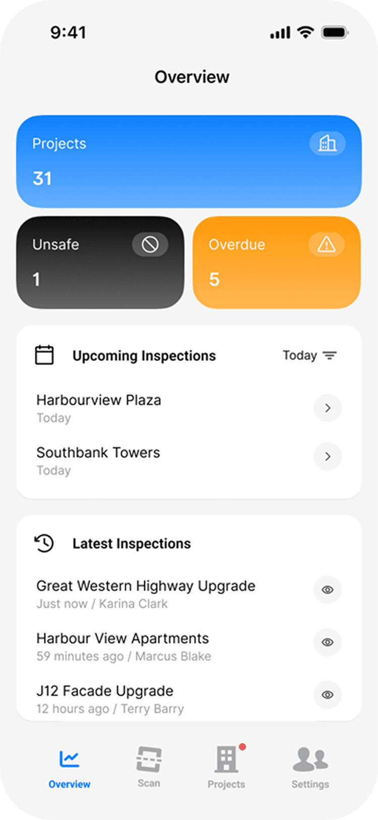 Scafflinq scaffold compliance dashboard with inspection status across multiple projects