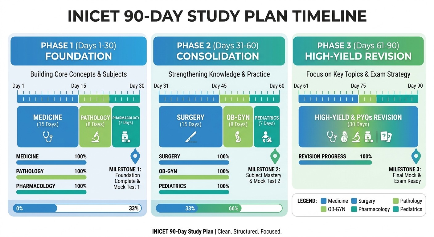 INICET 90-Day Study Plan Timeline - Three phases with subject allocation and milestones