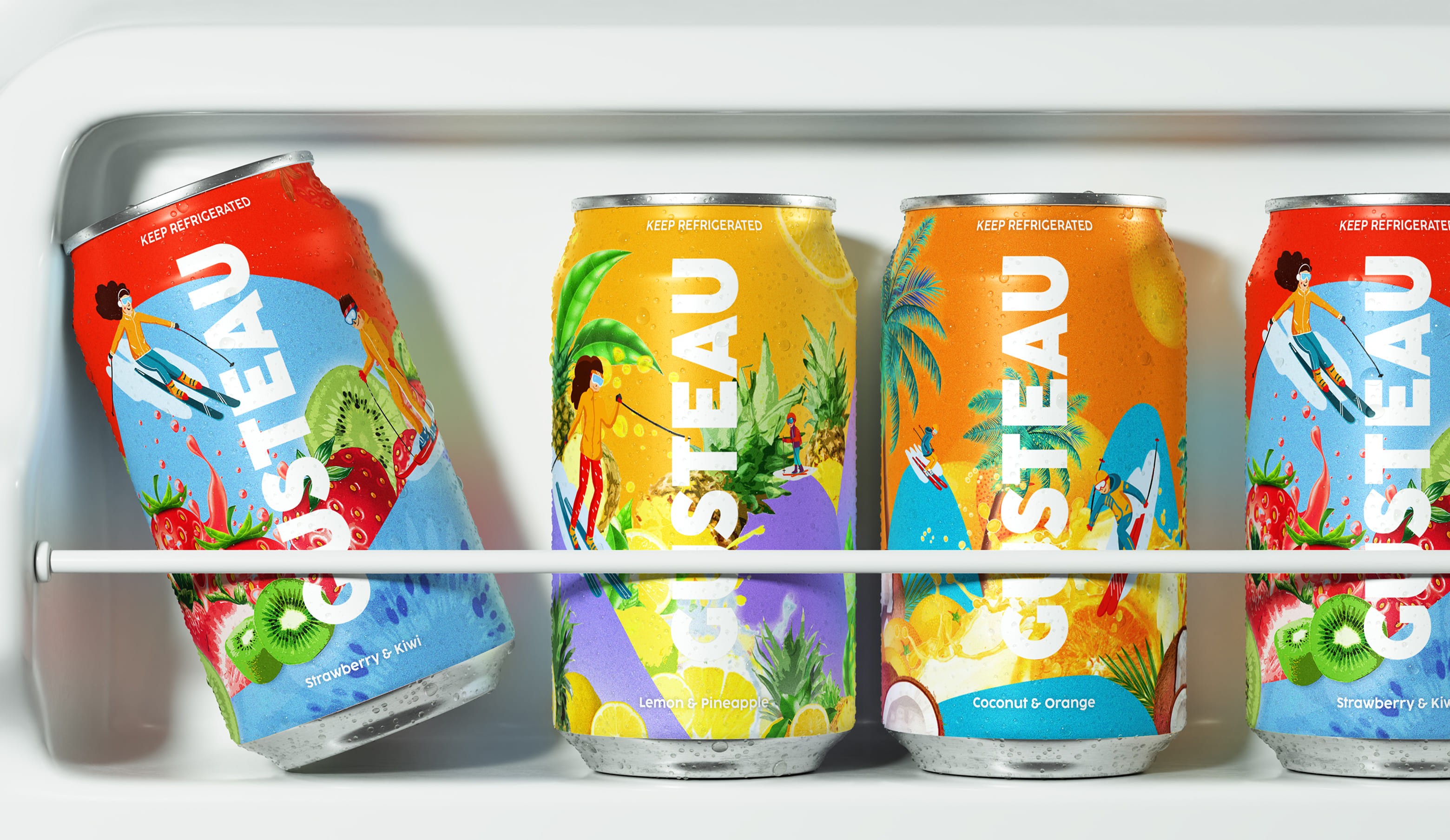 Gusteau fruit soda can packaging design collection featuring multiple flavors