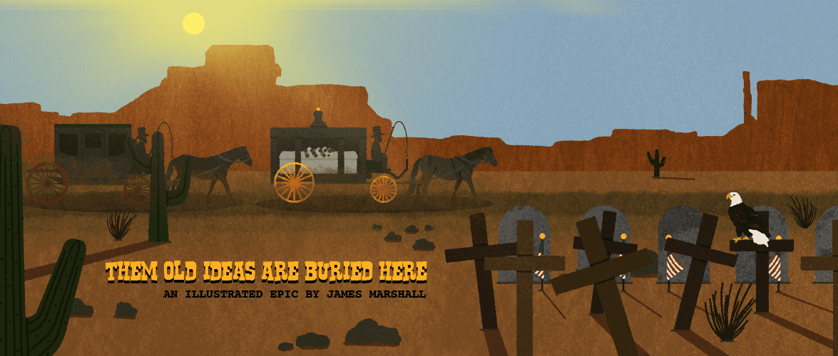 Illustration that showcases the title of the series and scene takes place at a late 19th century funeral procession through the Old West desert.