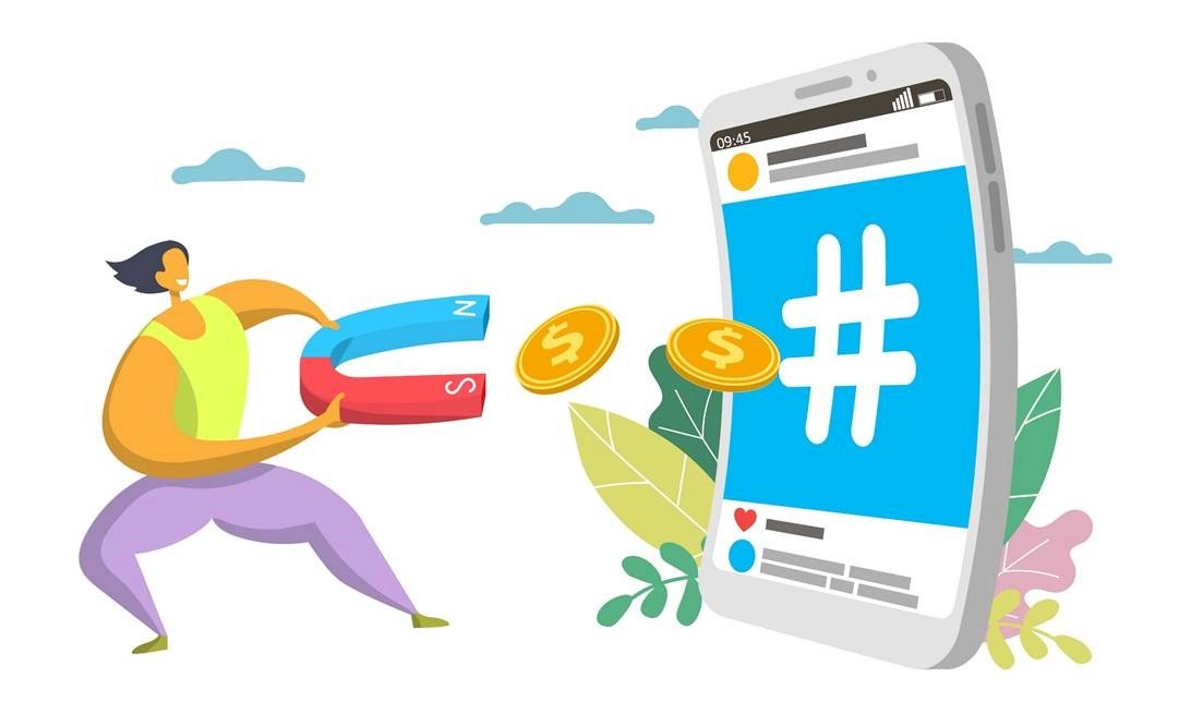 Marketer using a magnet to attract coins from a hashtag mobile screen, representing influencer-driven social media monetization