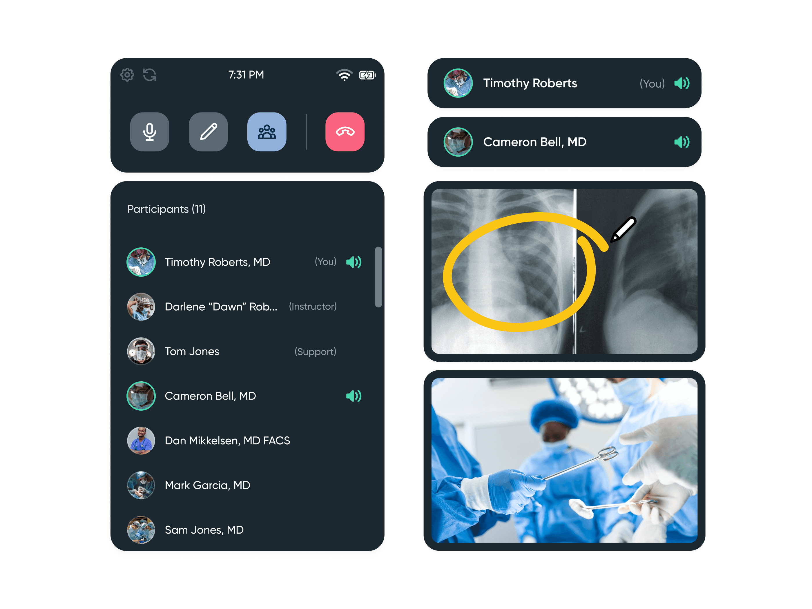 Medical consultation with X-ray images and close-up of a surgical procedure.