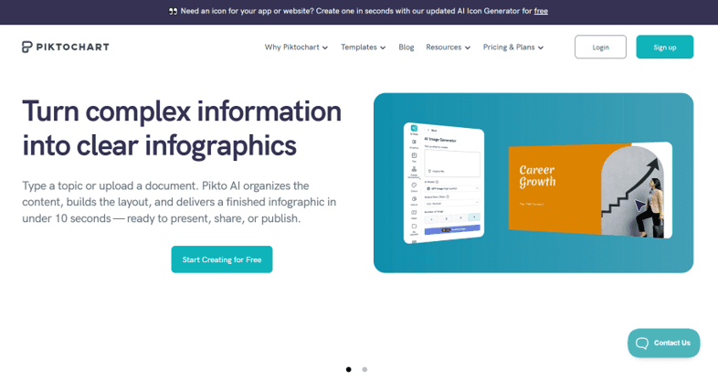 Homepage screenshot of Piktochart featuring the headline “Turn complex information into clear infographics” and an AI infographic creation preview.