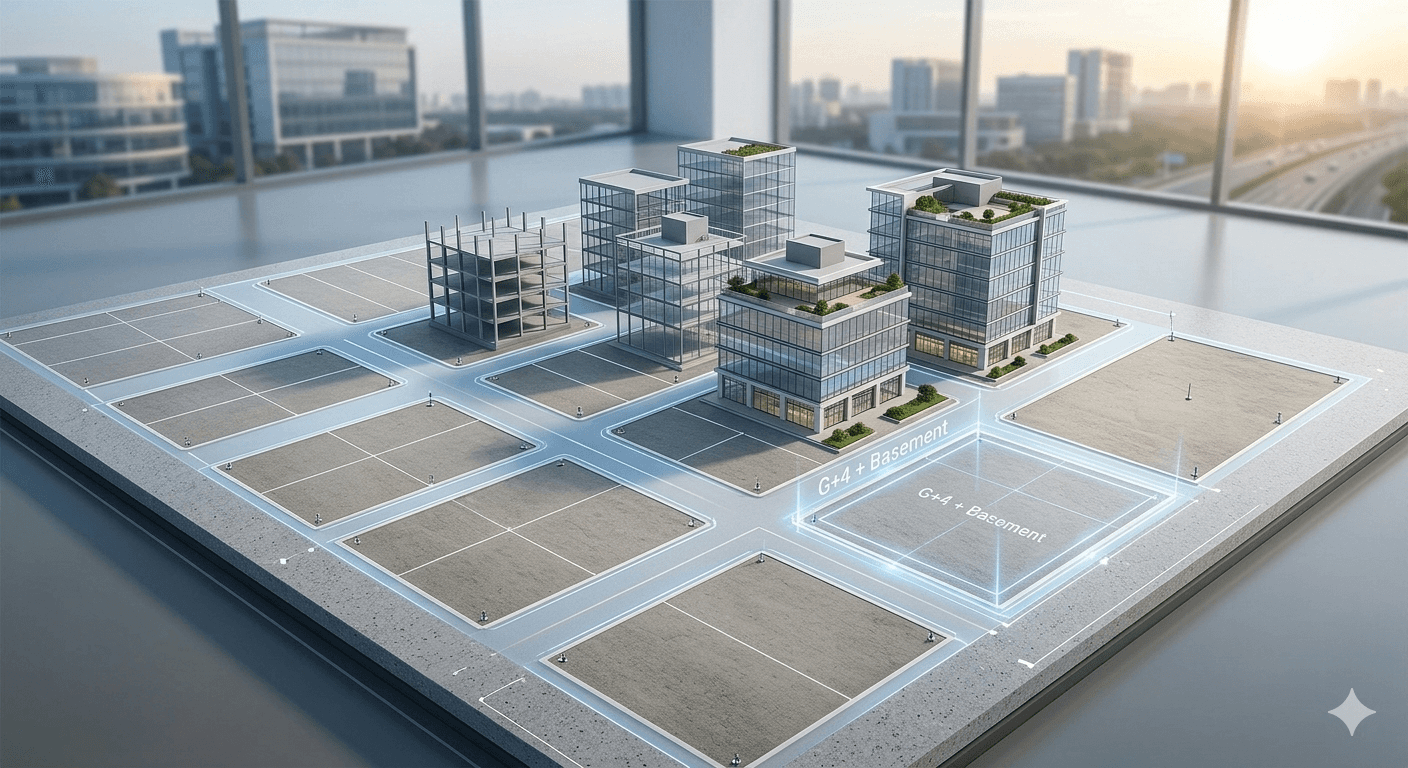 Modern commercial land parcels and modular building layouts in Sector 82