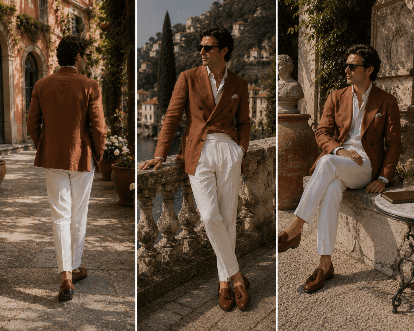 A three-panel full-body fashion lookbook featuring a male model in a sophisticated summer tailoring outfit at an Italian lakefront villa. He wears a rust-brown terracotta double-breasted linen blazer over an open-collar white dress shirt, tailored high-waisted white pleated trousers, cognac brown leather tassel loafers, and dark sunglasses. The left panel shows a rear view as he walks along a stone terrace. The middle panel shows a standing front view leaning against a stone balustrade overlooking the water. The right panel shows him seated on a stone bench beside a marble bistro table.