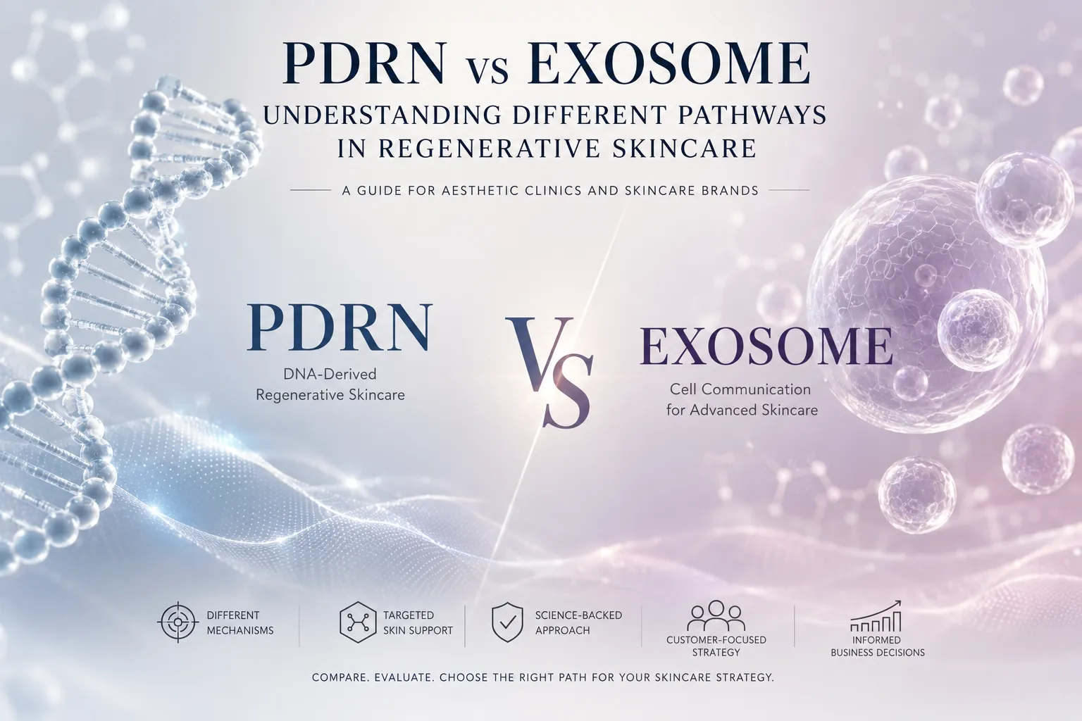 PDRN vs exosome skincare comparison with DNA and extracellular vesicle visuals representing different regenerative skincare approaches.