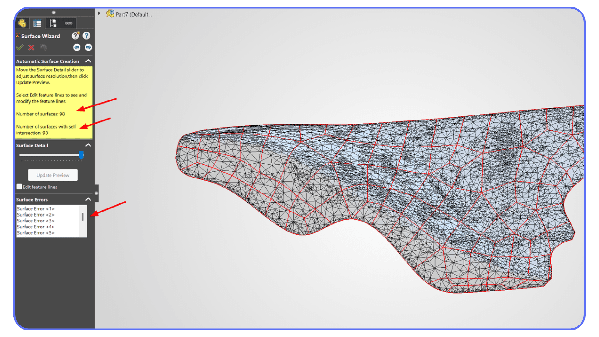 SolidWorks Surface Wizard view showing a dense imported mesh with highlighted surface errors and self-intersections.
