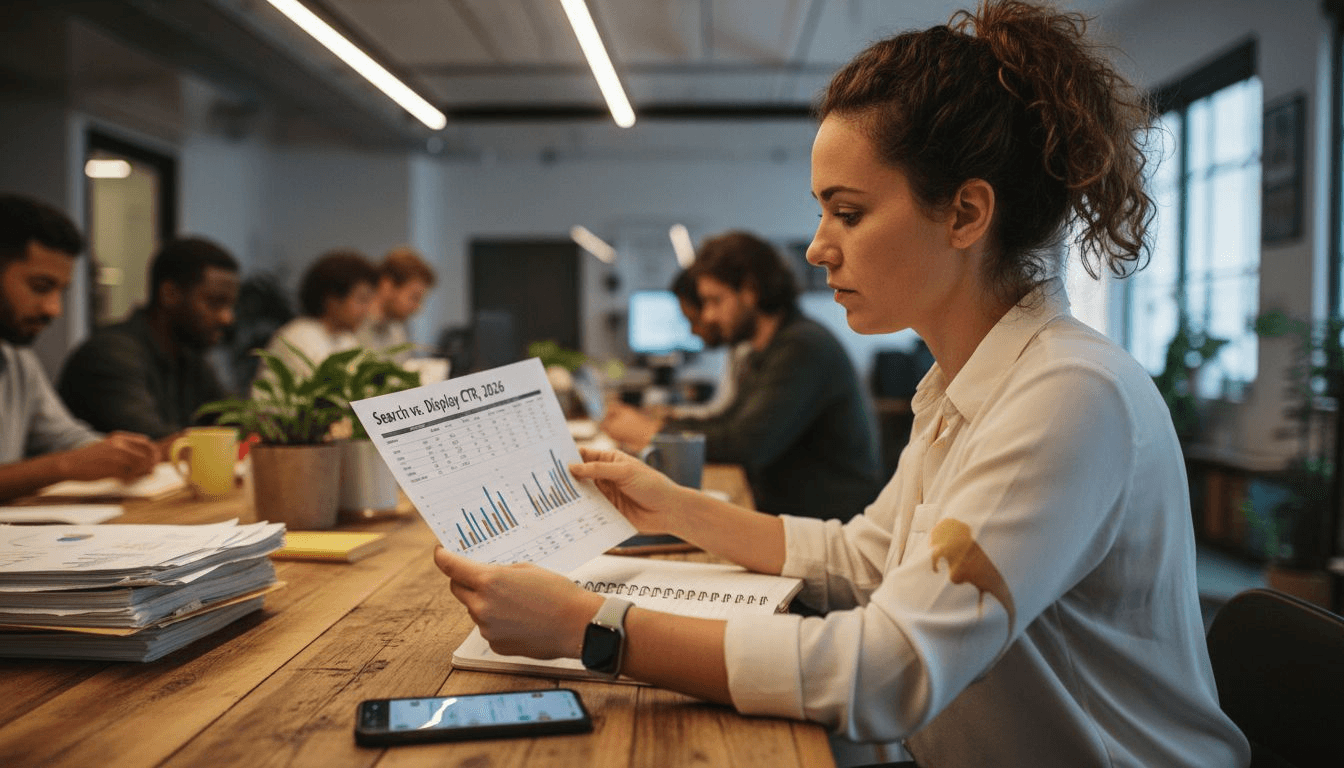 Marketer reviewing CTR comparison at shared desk