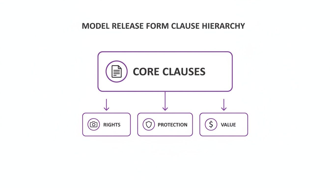A diagram illustrating the hierarchy of model release form clauses: Core Clauses branch into Rights, Protection, and Value.