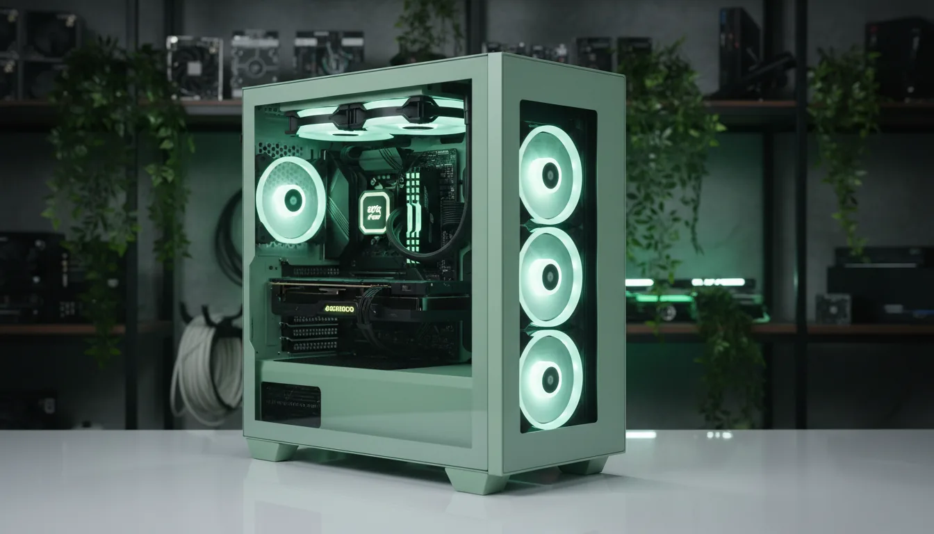 DSLR product photography of a high-end custom workstation PC built for Blender, showcased in a three-quarter view. The PC is housed in a pale sage green tower case with seamless tempered glass front and side panels, placed on a white reflective surface. The interior features meticulously arranged black components with integrated mint green RGB lighting. Three illuminated intake fans are visible on the right, with another exhaust fan at the back and two more on a top-mounted AIO liquid cooler. The background is a softly blurred, dimly lit tech studio with shelves of components and hanging green foliage, creating a beautiful bokeh effect. Soft studio lighting illuminates the entire scene, highlighting the clean build and modern aesthetic.
