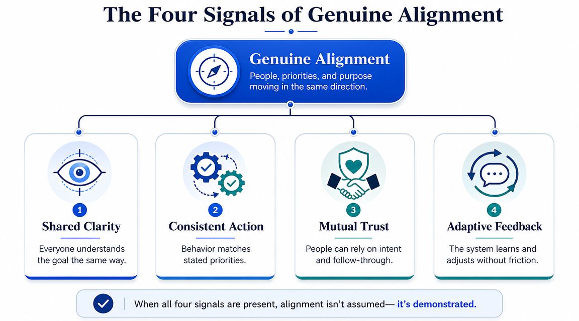A diagram illustrating the four signals of genuine alignment: shared clarity, consistent action, mutual trust, and adaptive feedback.