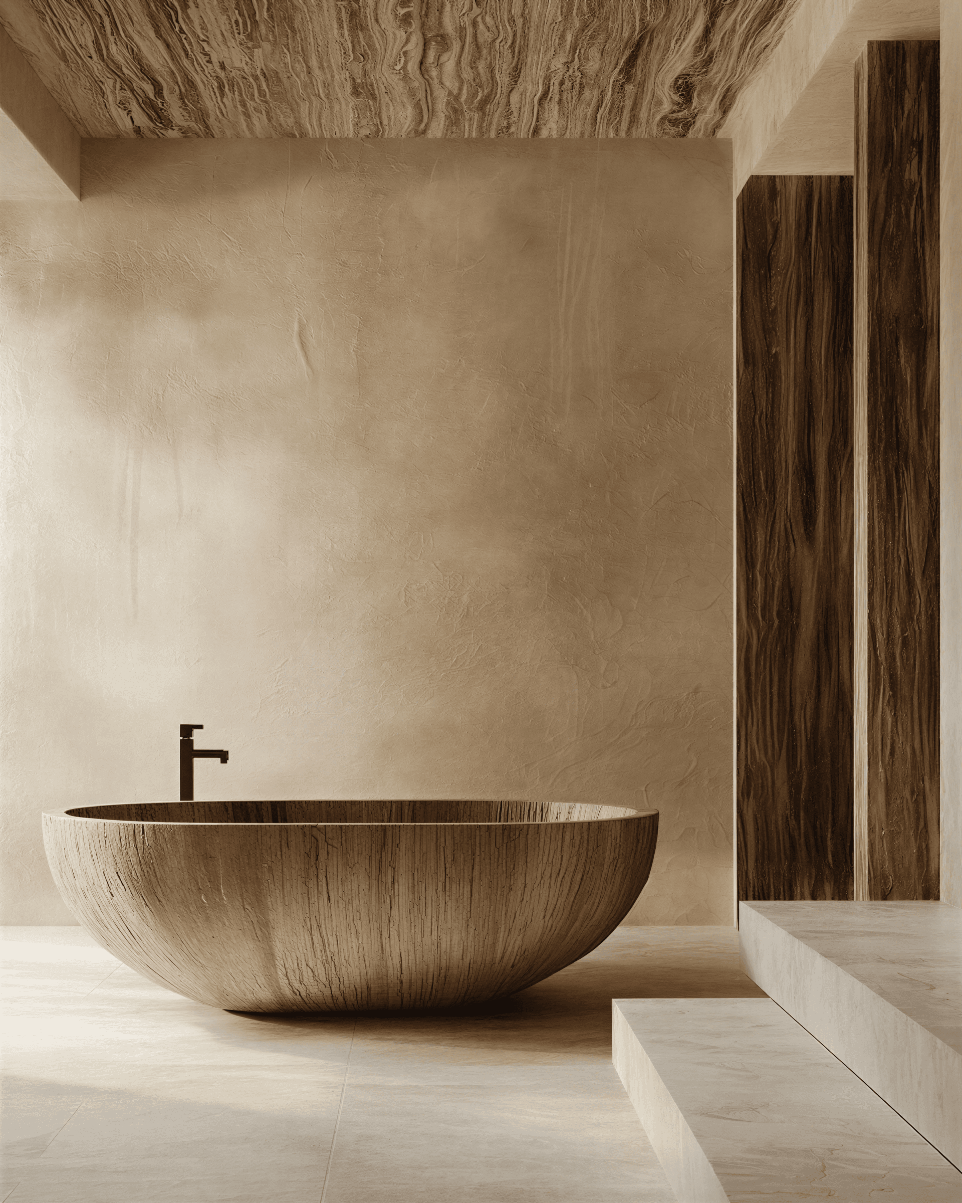 Sculptural bathroom featuring large wooden bowl-shaped freestanding tub, natural wood grain ceiling detail, and neutral plastered walls