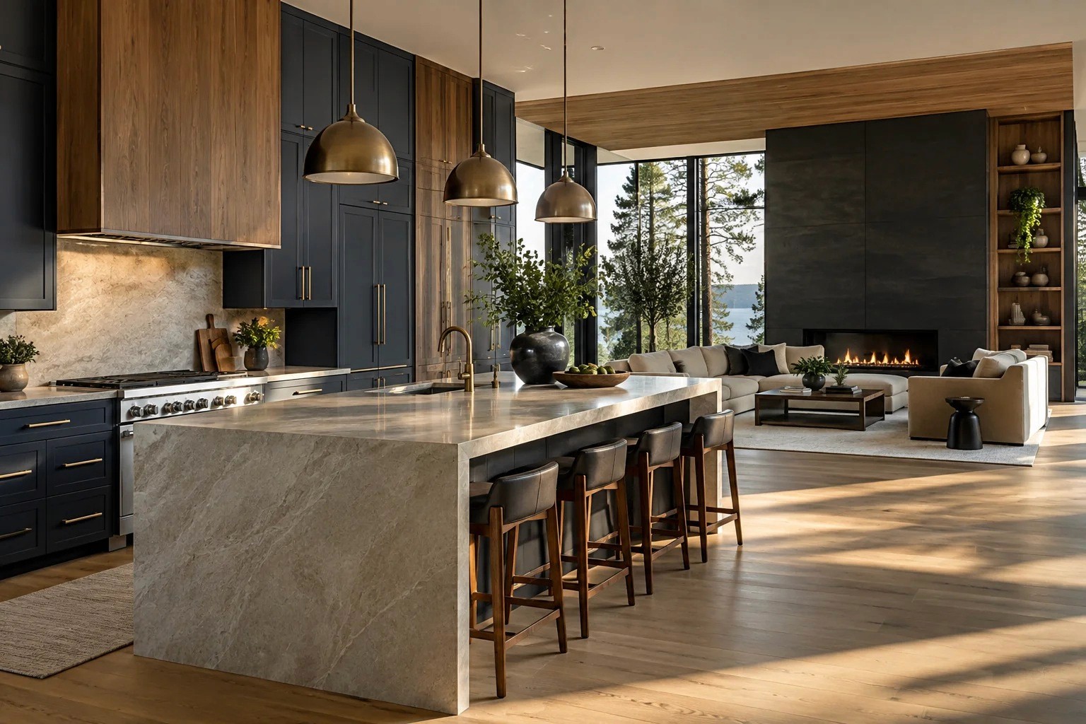 Sunlit kitchen and living room with natural stone, warm wood, and an open view