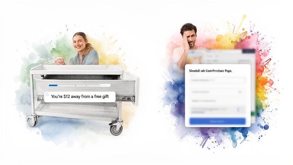 A happy shopper sees a 'spend $12 away from free gift' offer, contrasted with a frustrated man facing a complex online form.