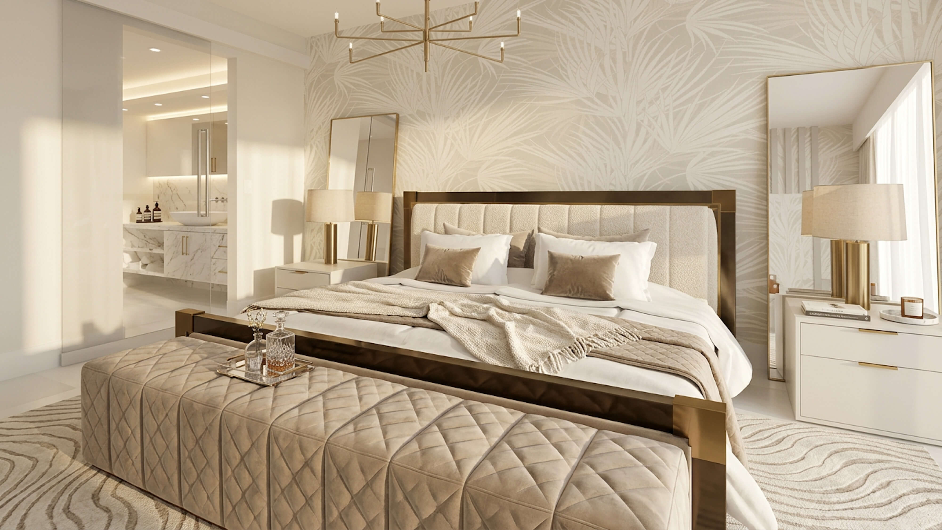 Soft neutral primary suite with palm-pattern wallpaper, upholstered bed, brass accents, and serene layered textures.