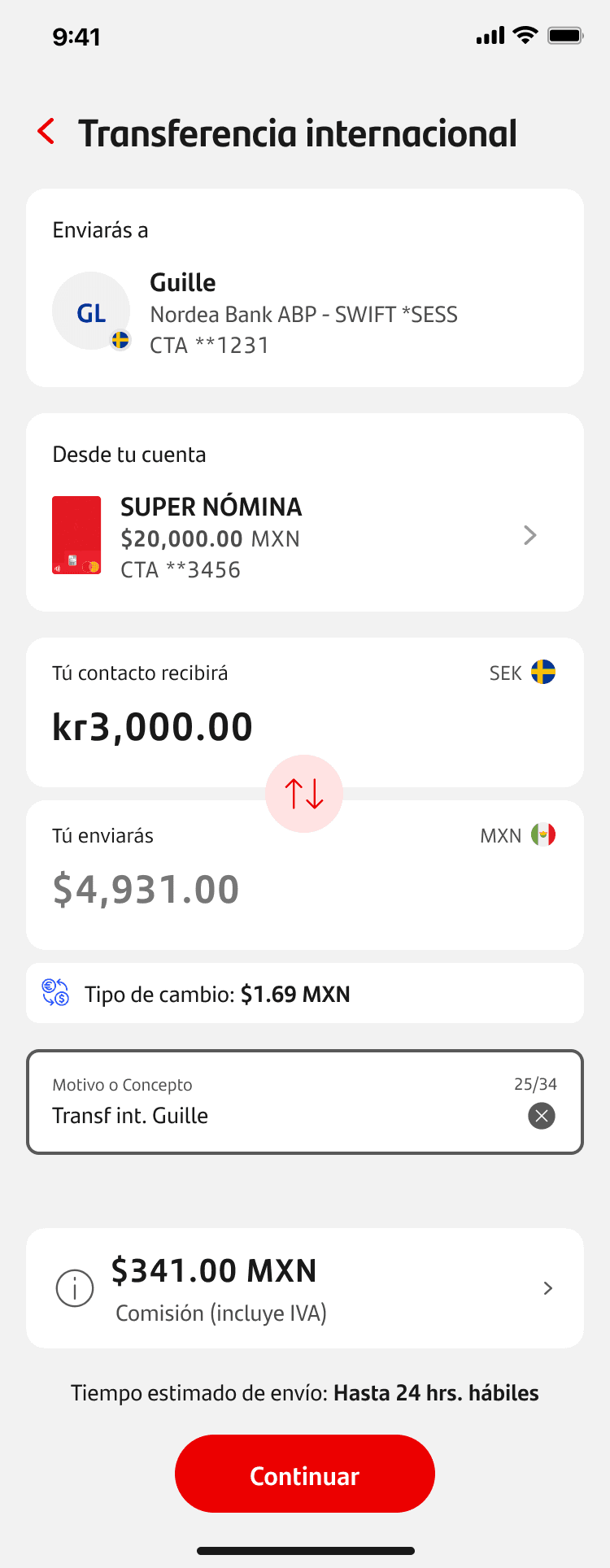 Santander Web's transfer form. The recipient, account and ammount selection can be made inside this single screen