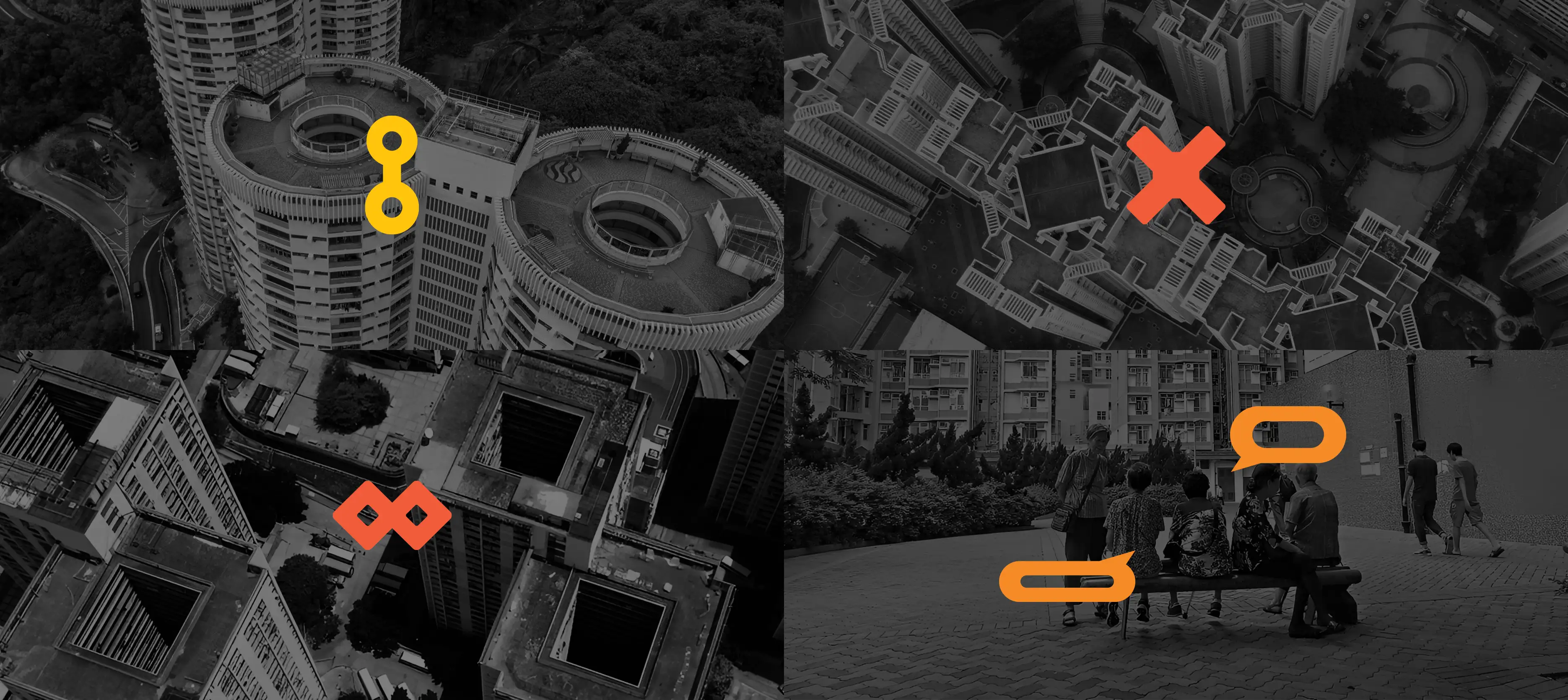 HK Public Housing visual identity detail – high-rise estates collage with orange-red palette and bold typography symbolising community heritage by Teatime Studio.