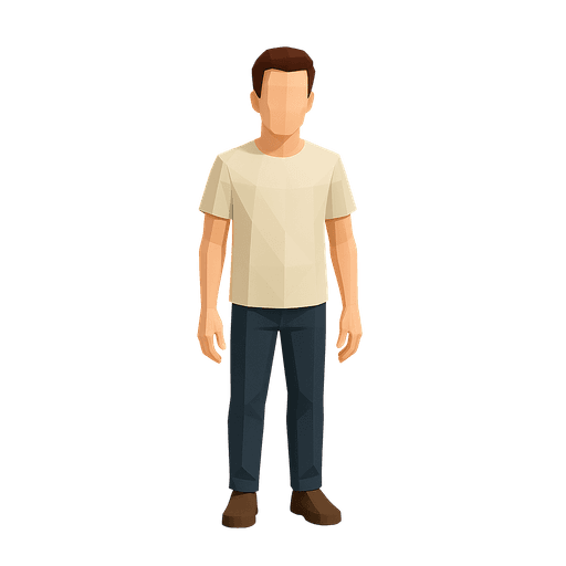 3D polygonal avatar of Joe Balich wearing a tan shirt, dark pants, and brown shoes.