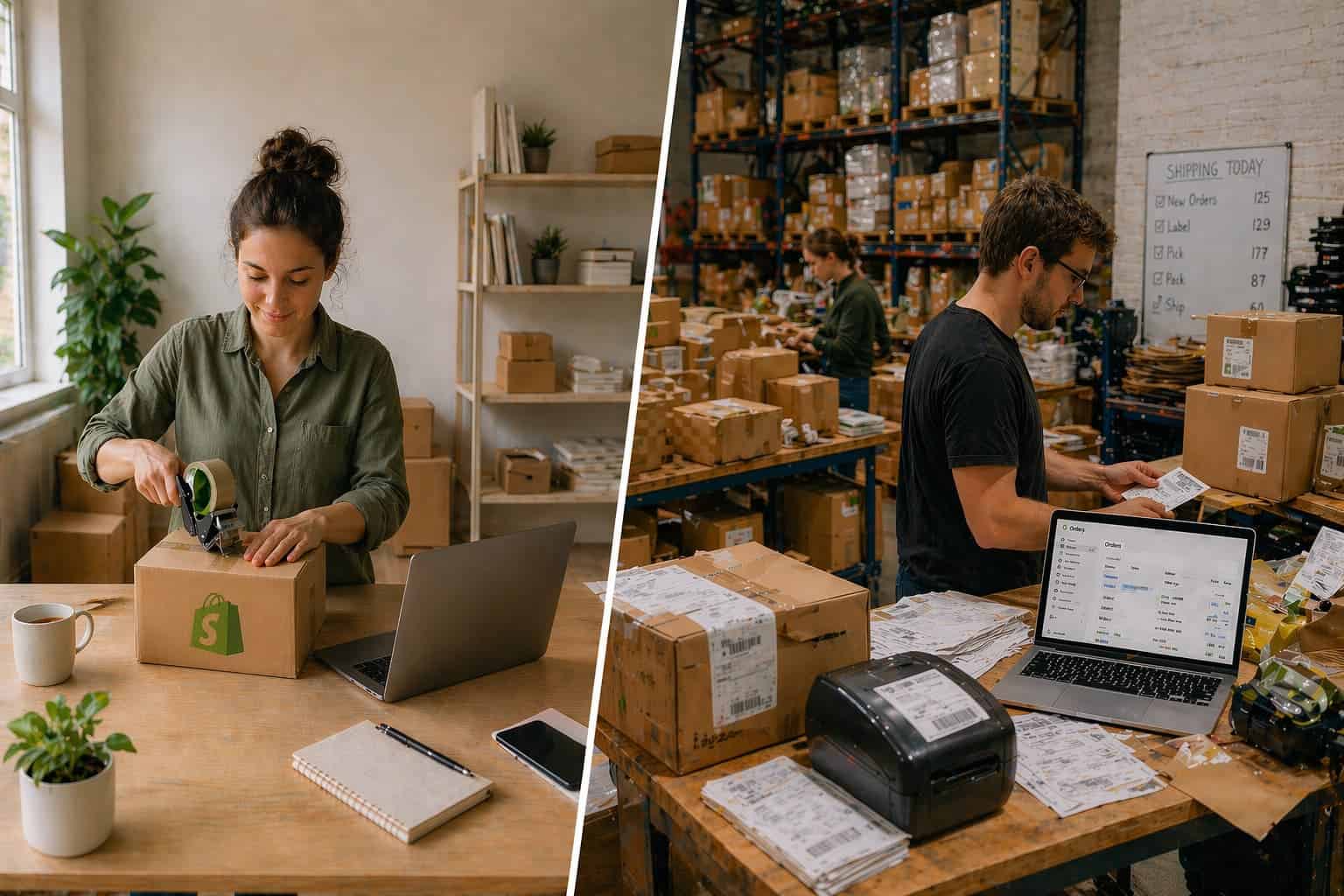 Split image showing a small business packing orders at home versus a busy warehouse handling high-volume shipping operations