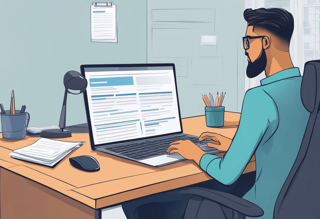 A recruiter sits at a desk, reviewing interview feedback forms. A computer screen displays a list of candidates, while a notepad and pen sit nearby for taking notes