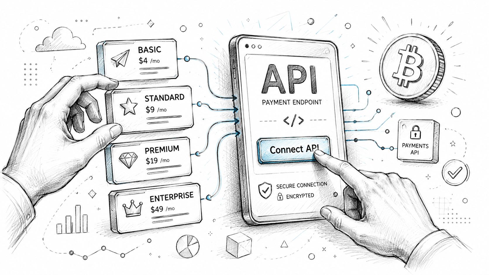 A hand selecting an API subscription tier from four pricing options on a digital payment endpoint interface.