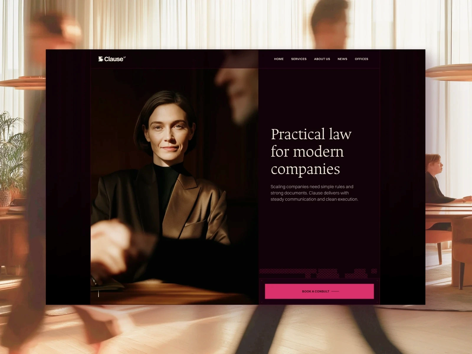 Clause law firm and attorney template with dark elegant design, female lawyer hero image, and book a consult CTA button.