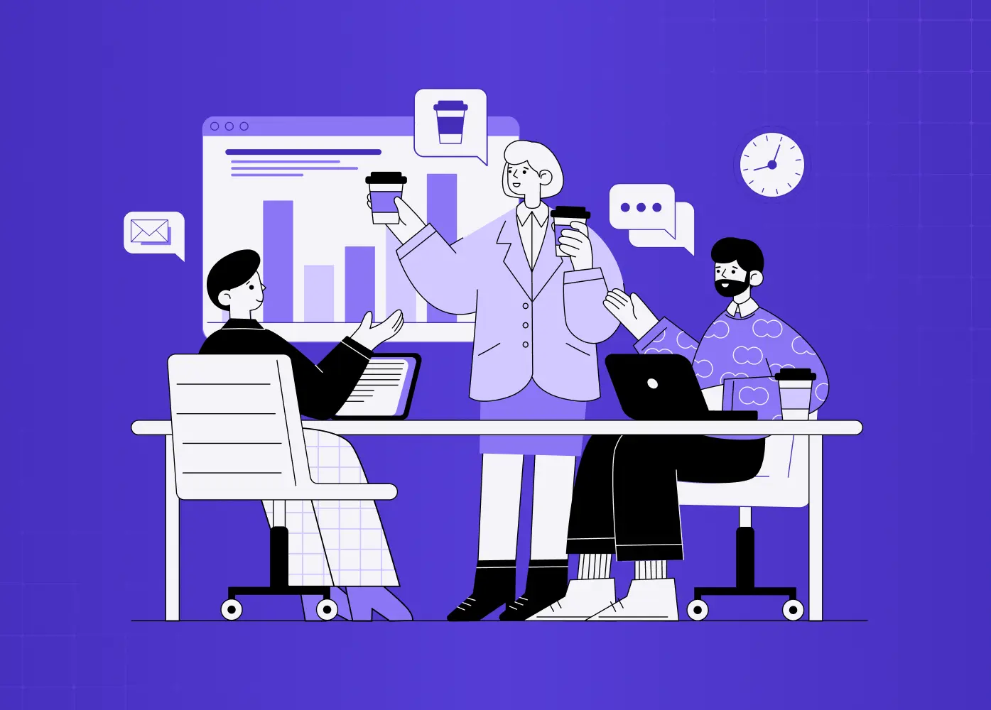 Illustration of a design team reviewing a bar chart together at a shared desk, with laptops, coffee cups and chat icons on a purple background.
