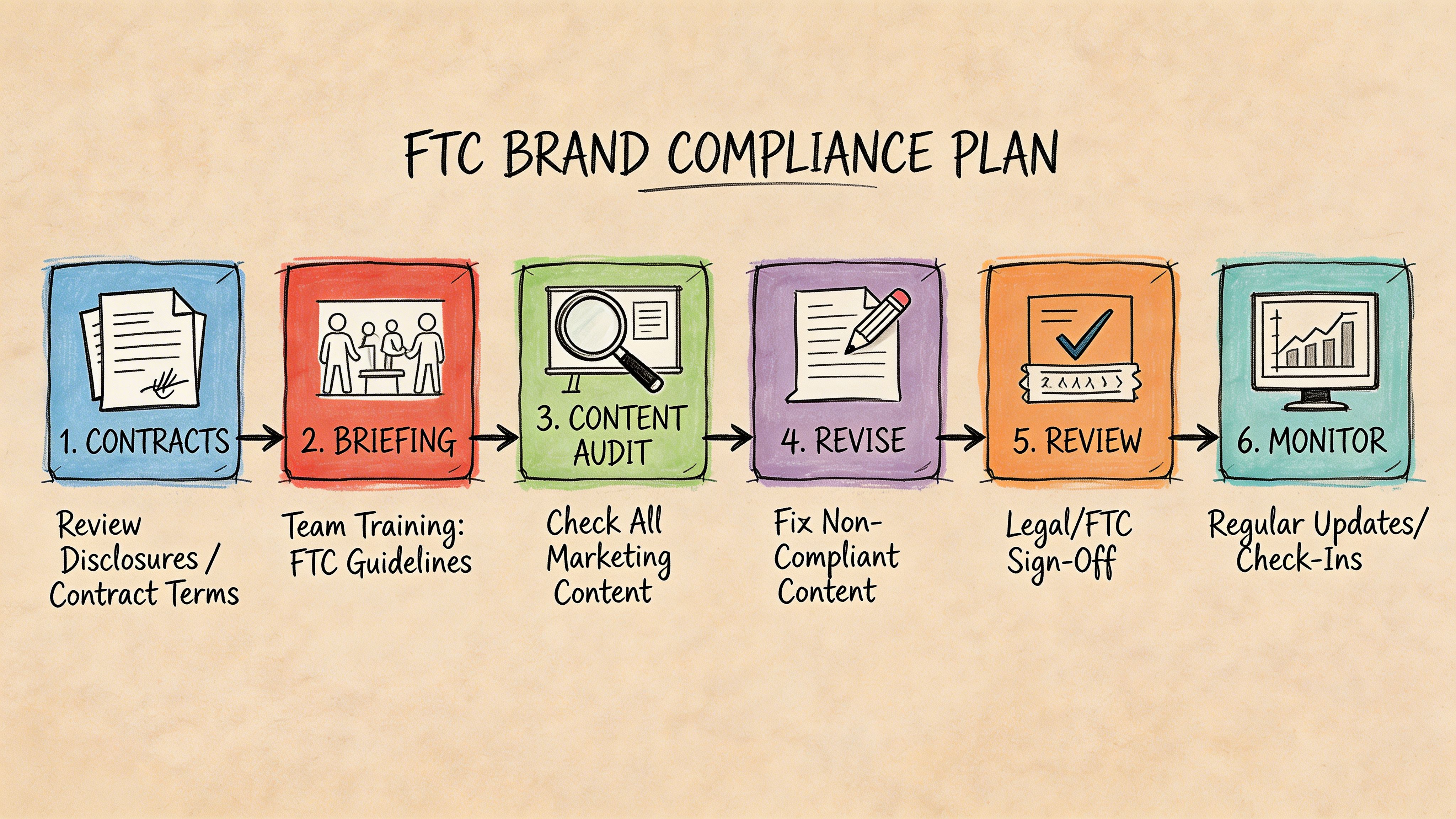 An infographic titled FTC Brand Compliance Plan showing six sequential steps for marketing compliance.