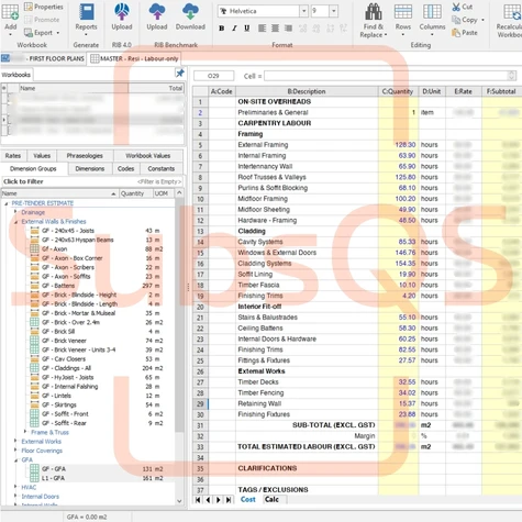 costx screenshot of measured labour only estimate for builders and developers by SubsQS NZ