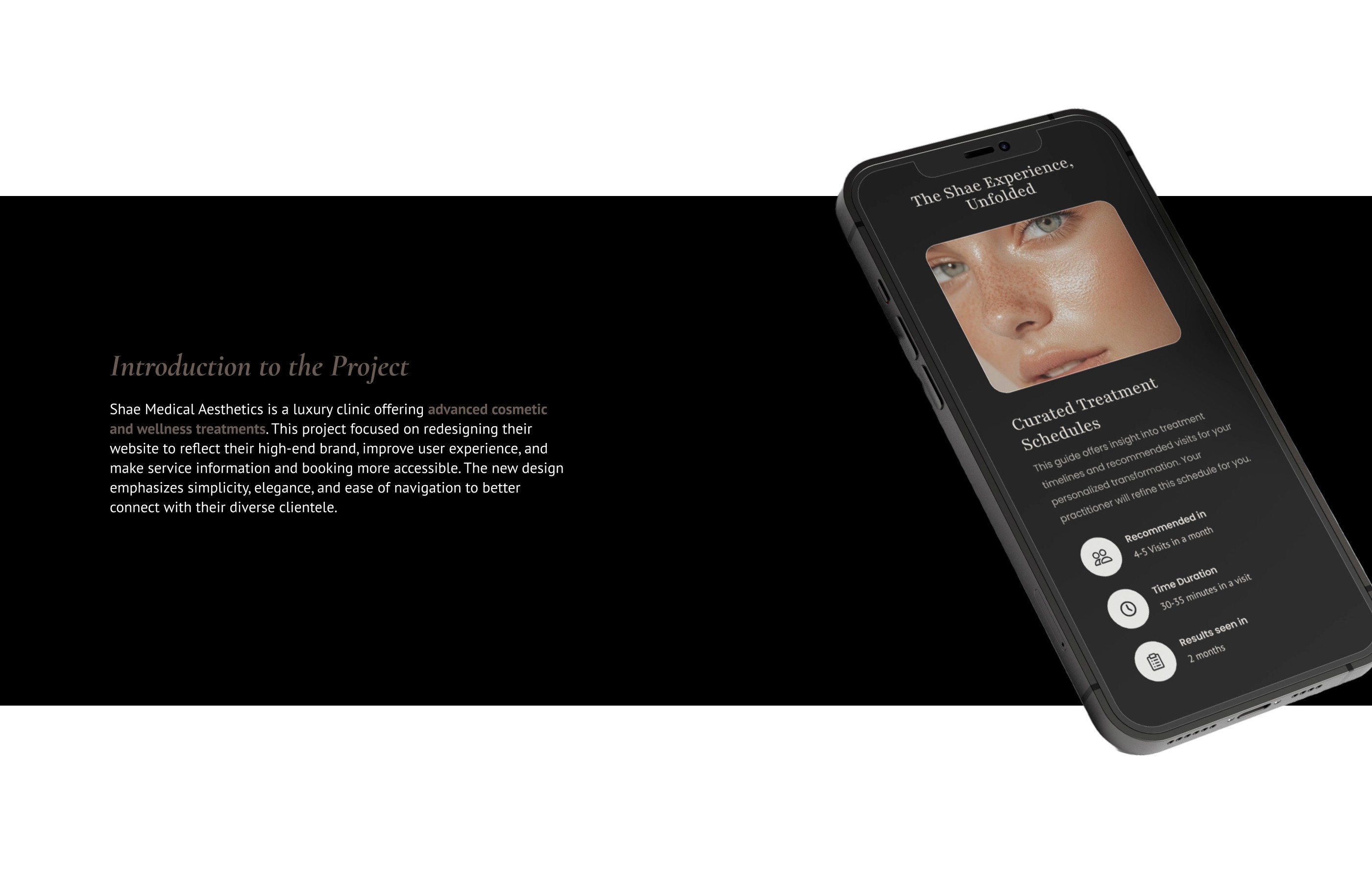 Smartphone displaying the Shae Medical Aesthetics mobile app with a section titled 'The Shae Experience, Unfolded' and 'Curated Treatment Schedules,' featuring a close-up image of a person's face and details about recommended visits, time duration, and results, with an introduction to the project on the left side.