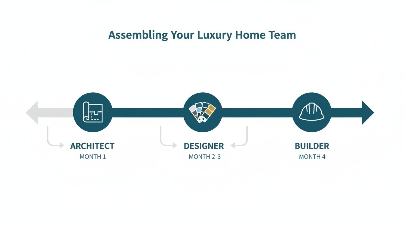 An infographic outlining the chronological assembly of a luxury home construction team: Architect, Designer, Builder.