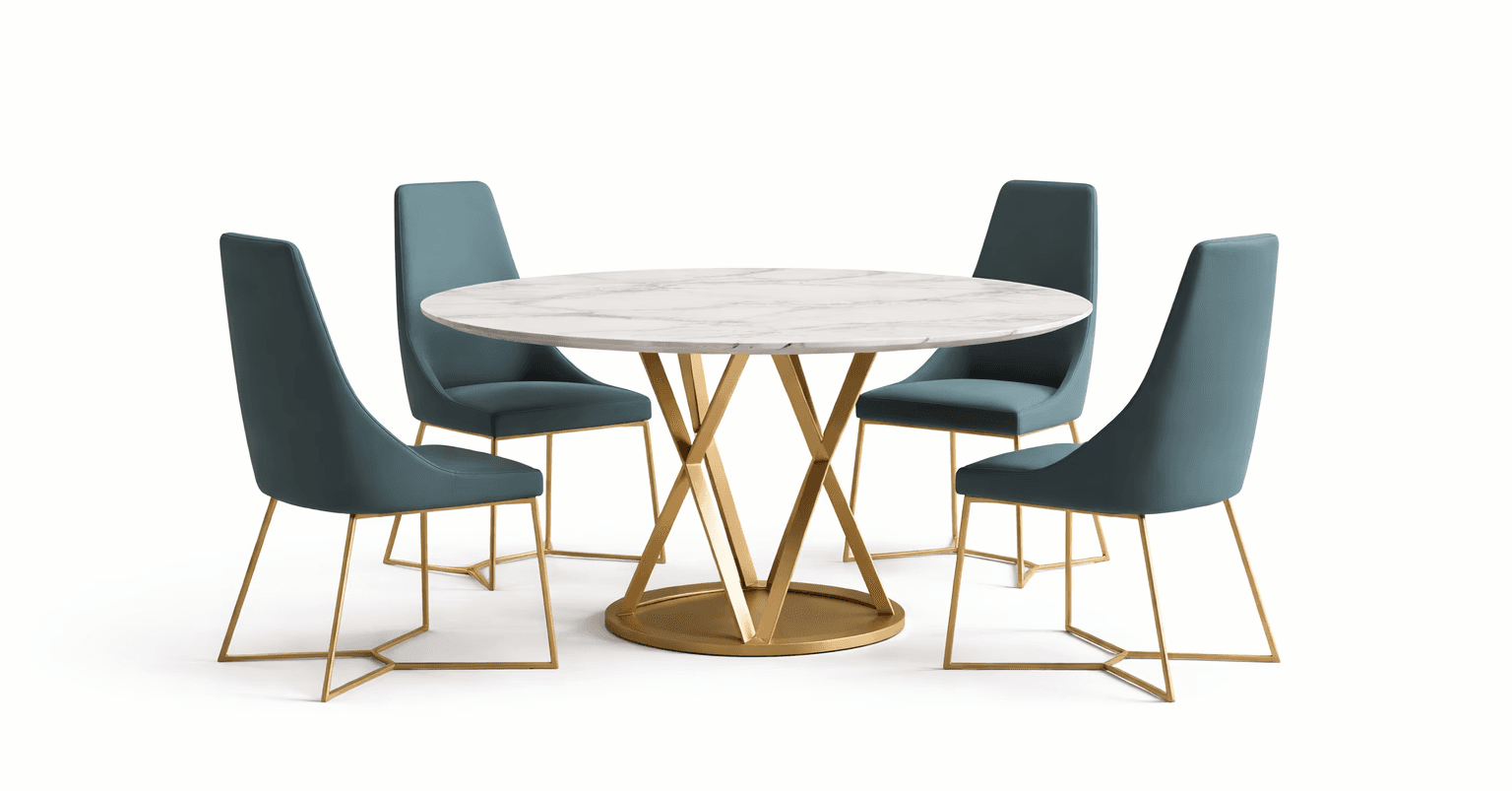 Compact round dining table with a statement metal base and softly padded chairs