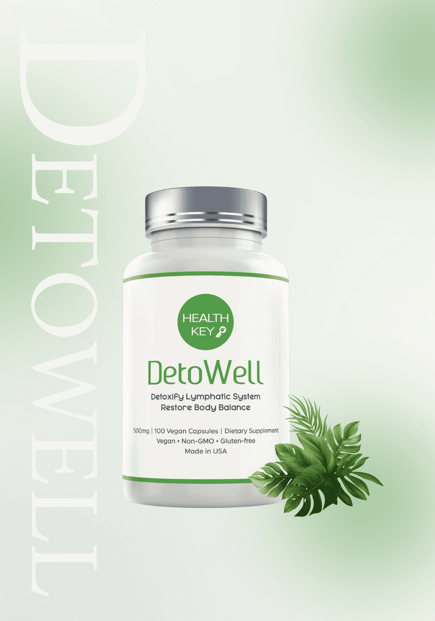 Healthkey white bottle of DetoWell for Detoxify Lymphatic System and Restore a body balance
