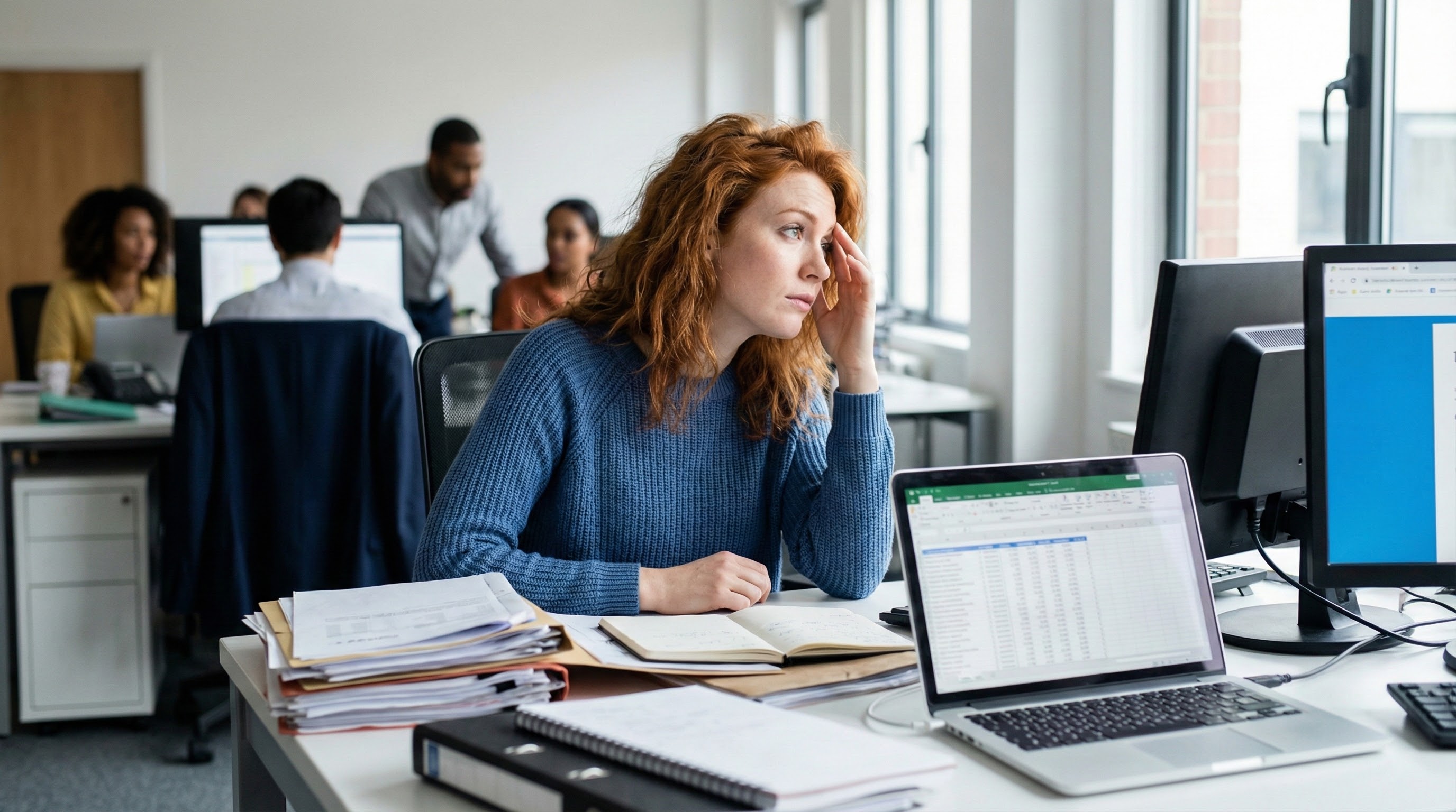 HR-Mitarbeiterin prüft Bewerberunterlagen im Büro und wirkt unsicher bei der Bewertung