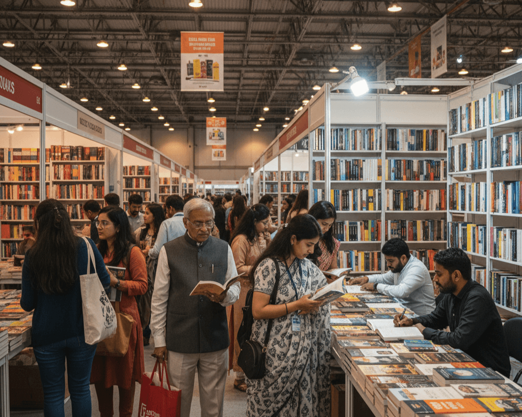Panoramic aerial shot of Bharat Mandapam at Pragati Maidan, New Delhi, showing expansive Halls 2–6 with book fair setup including white tents, signage, pathways, and parking for NDWBF 2026 crowds.