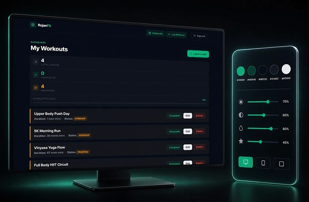 Dark-mode fitness workout tracker dashboard UI designed and developed in Framer