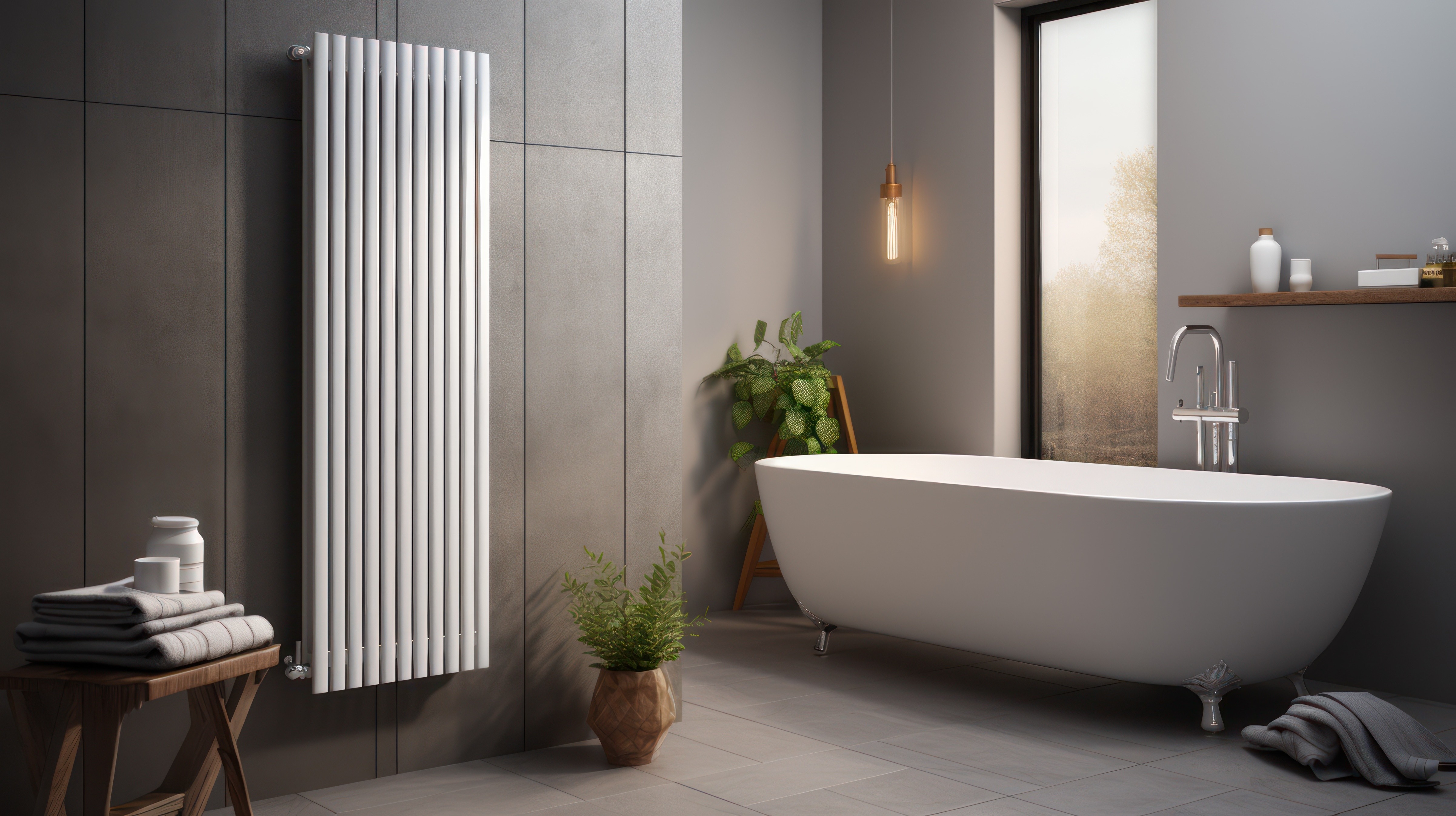 Modernes Badezimmer mit vertikalem Heizkörper – ideal für den effizienten Betrieb mit einer Wärmepumpe. Der Design-Heizkörper sorgt für angenehme Wärme bei niedrigen Vorlauftemperaturen und ergänzt das stilvolle Raumkonzept.