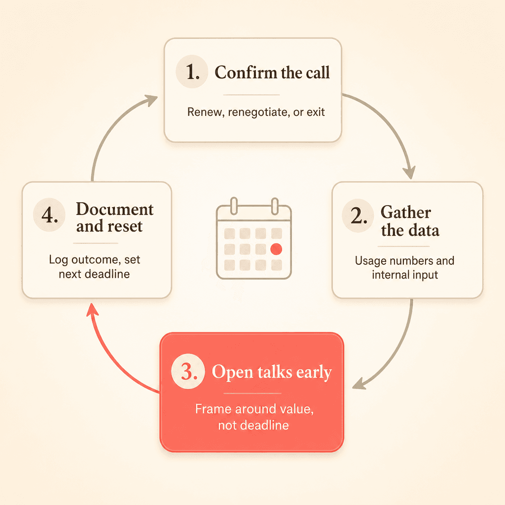 Four-step renewal sequence: confirm the call, gather the data, open talks early, document and reset