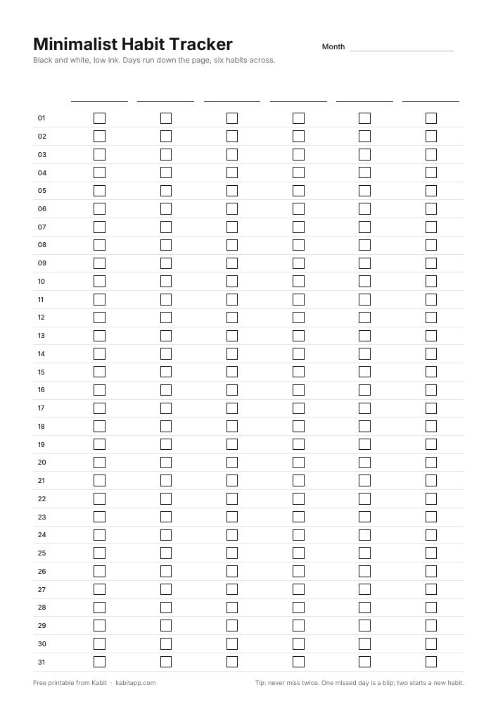 Minimalist habit tracker printable PDF from Kabit