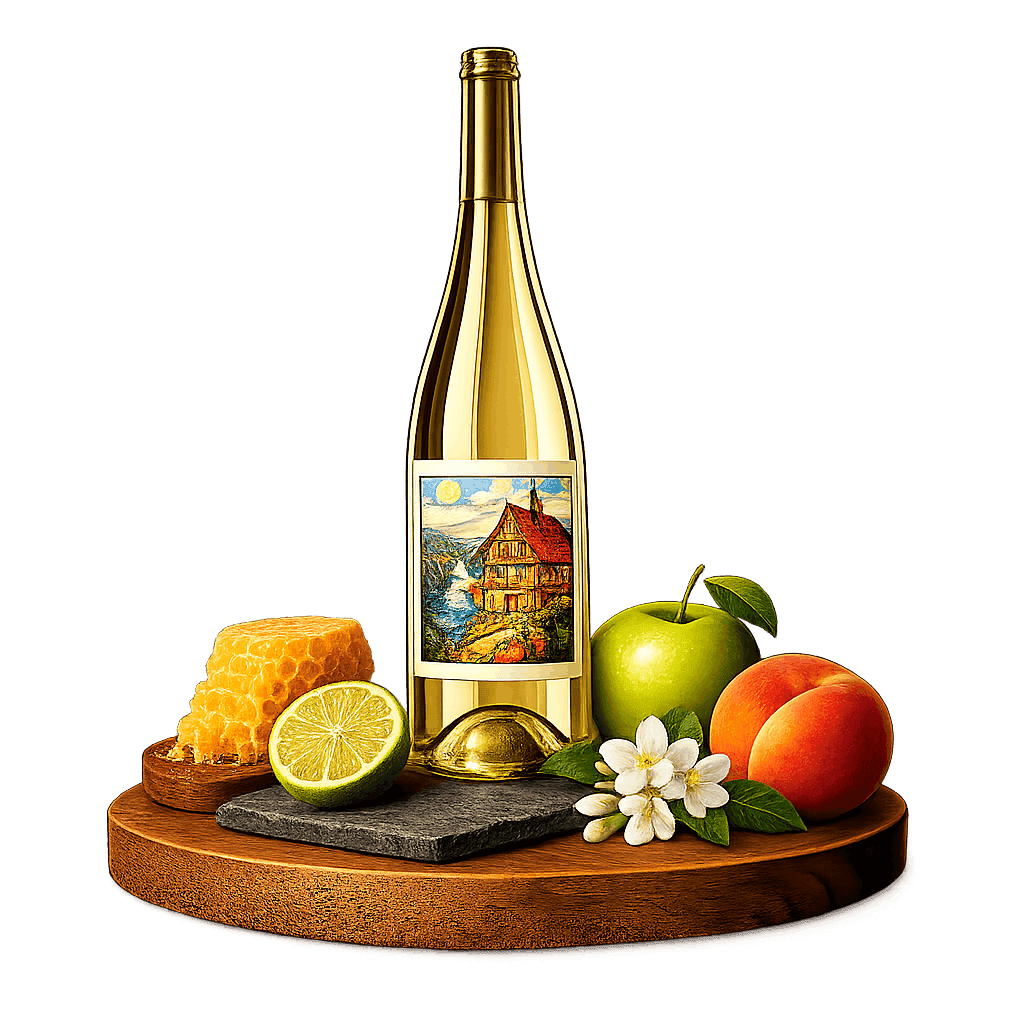 Artistic label and flavor profile for German Riesling on a rustic wooden table.