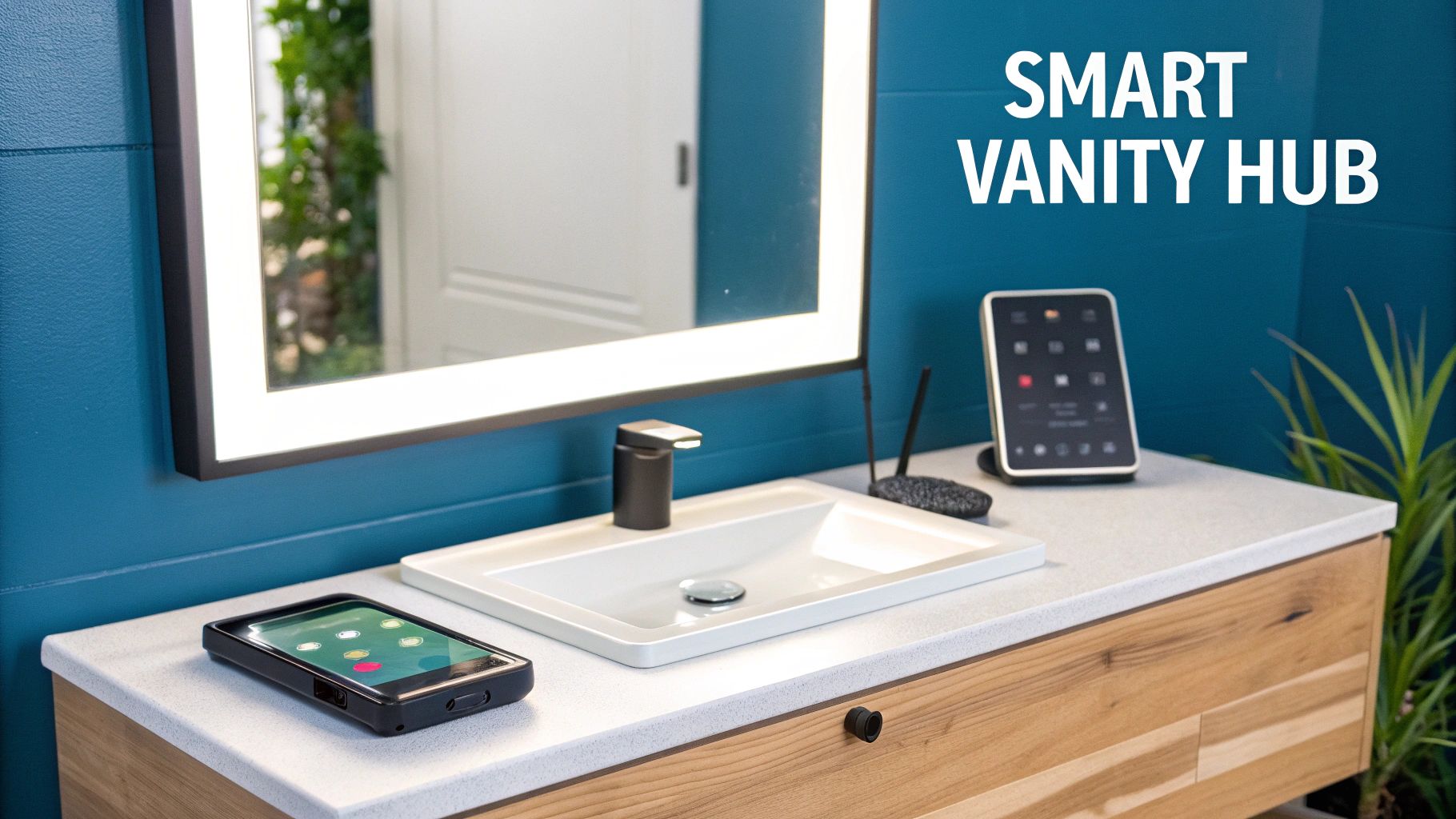 A modern smart bathroom vanity hub with a lighted mirror, sink, and smart devices.