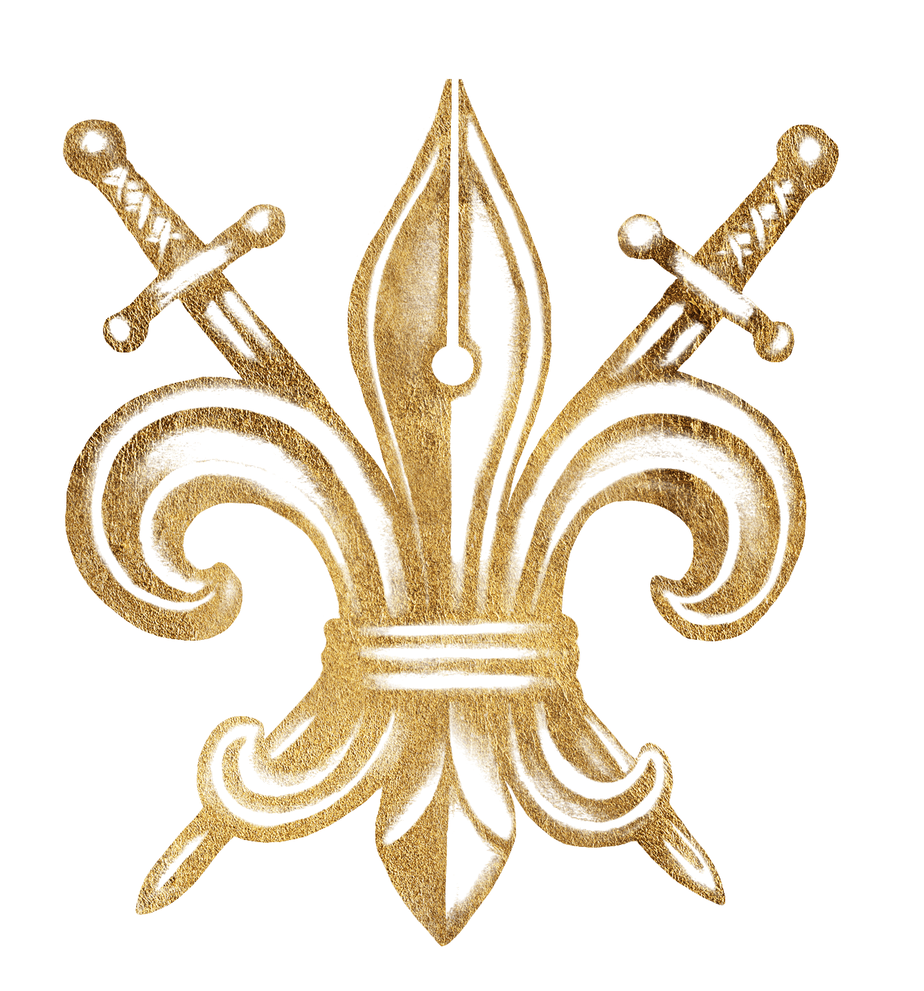 Brand Crest made of fleur de lis, swords, and pen tip.