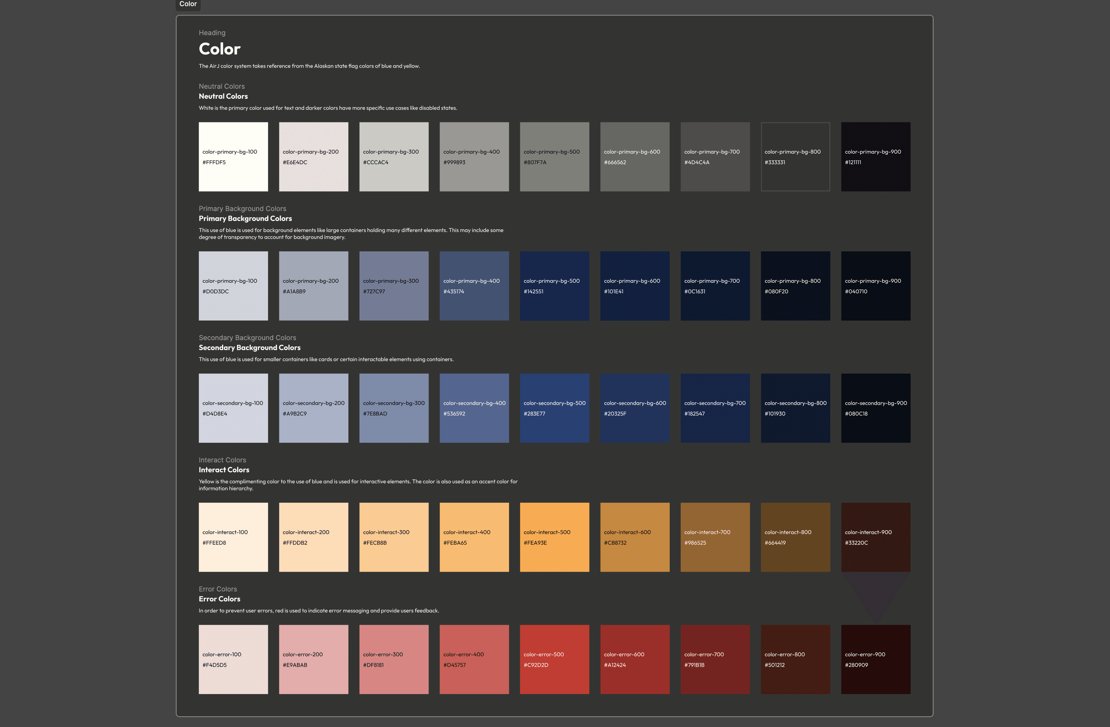 Design system page for colors.