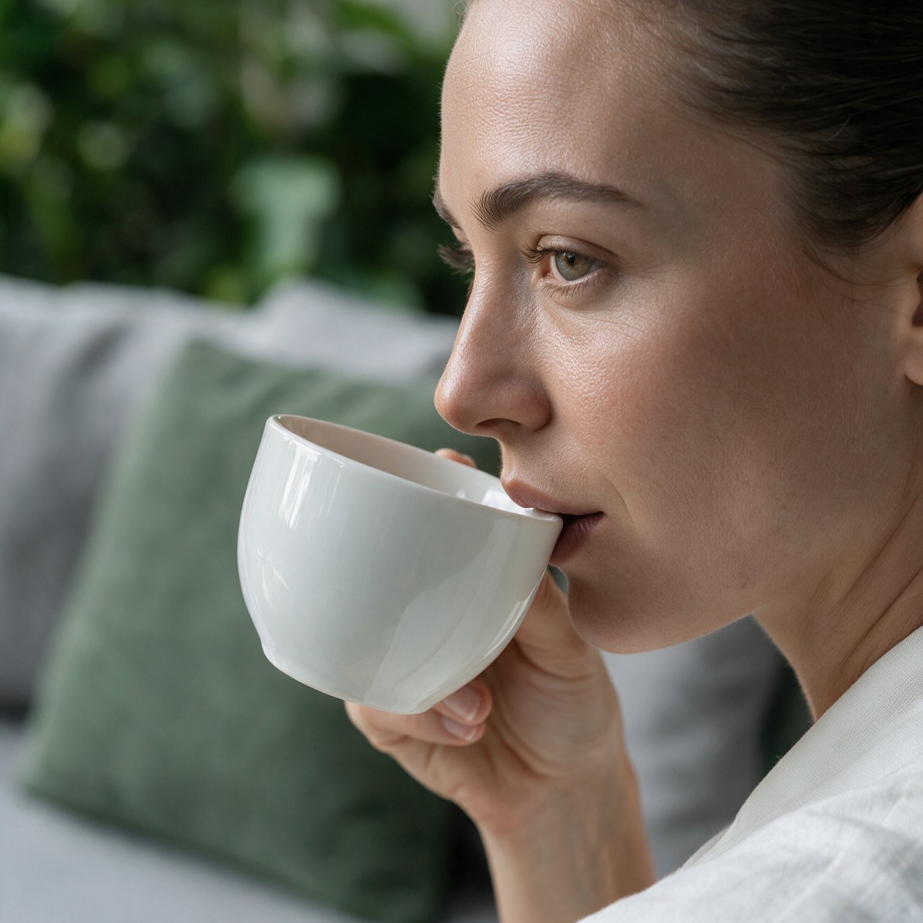 Ilustração do método: close da mulher tomando café, com a textura da pele e da porcelana nítida