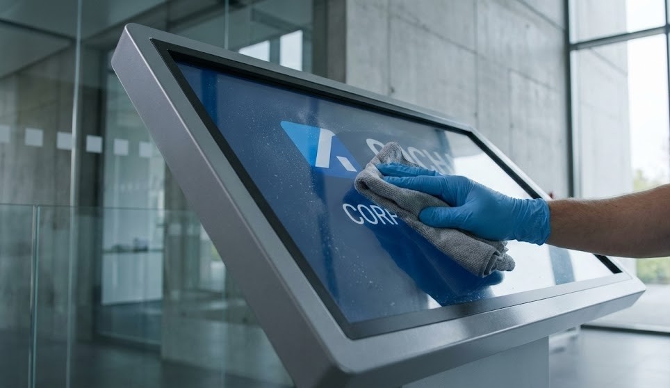 Uma mão com luva azul limpa o ecrã tátil de um quiosque digital com um pano de microfibra num lobby corporativo moderno.