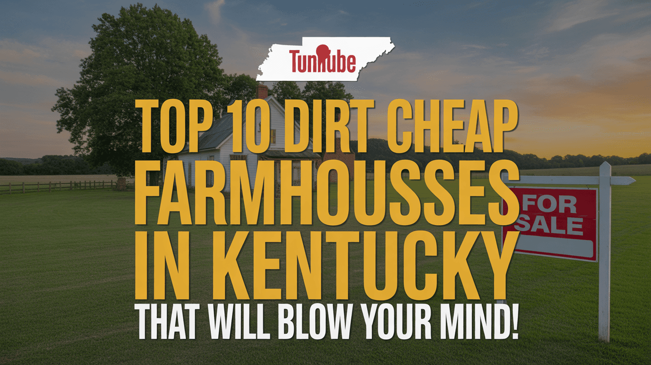 Farmhouse with for sale sign fields sunset and cheap farmhouses Kentucky headline plus Tennessee pin