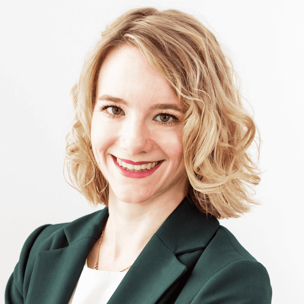 A woman works with a floating UI