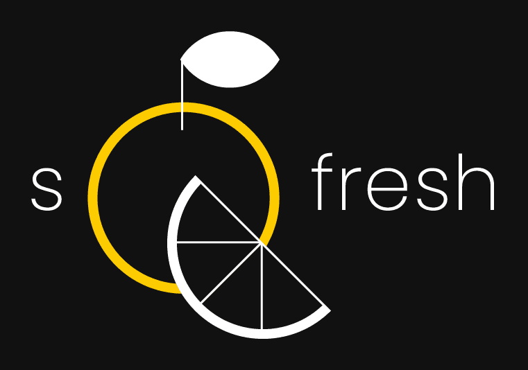 Simple illustration of the word "SO FRESH" with the "O" is working as a stylised orange. Designed in yellow and white on a black background.
